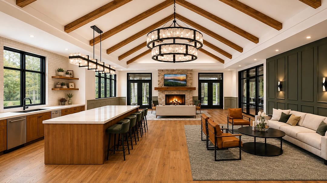 Cypress Reserve — Clubhouse main gathering space with fireplace, kitchen and seating