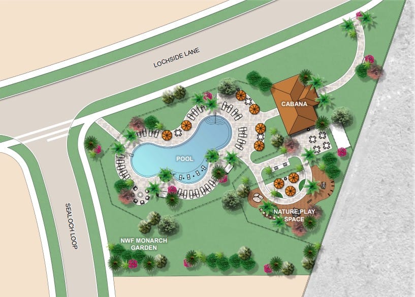Lochside — Planned amenity: pool, cabana and monarch garden