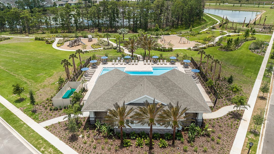 Harvest at Ovation — Aerial of clubhouse, pool and play areas