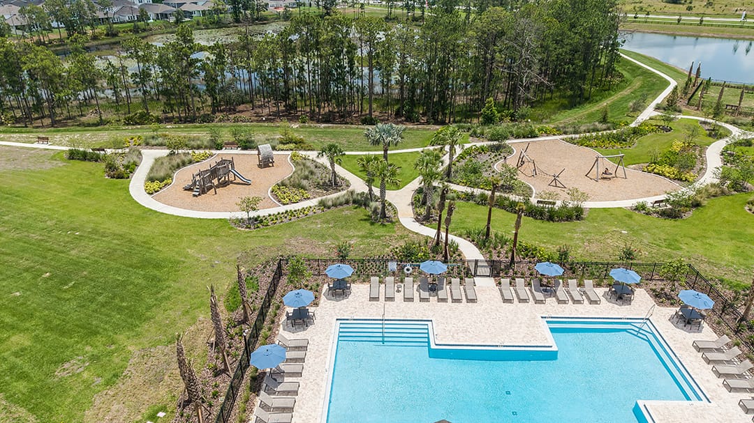 Harvest at Ovation — Aerial of pool and nature play