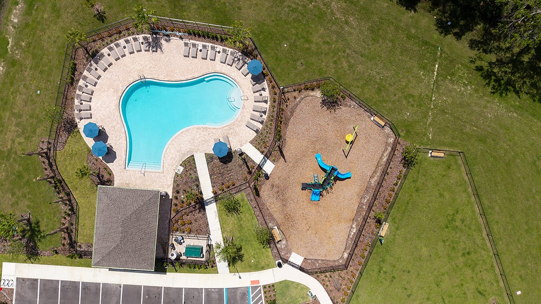 The Townhomes at Westview — Aerial of pool and playground