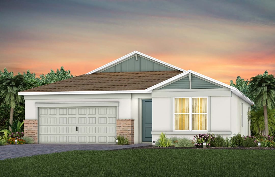 Sunrise Estates — Cedar Exterior CO1 with Stone (rendering da fachada)