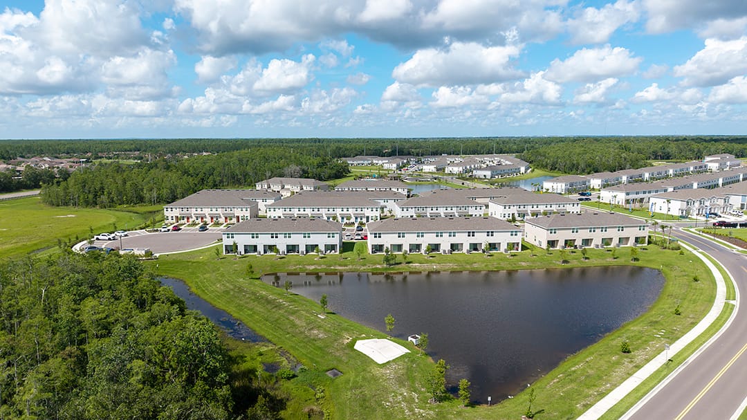 The Townhomes at Westview — Aerial of townhomes and pond