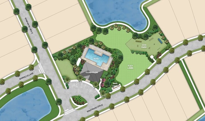 Windward Preserve — Planned amenity site plan - pool, clubhouse, dog park, flex lawn