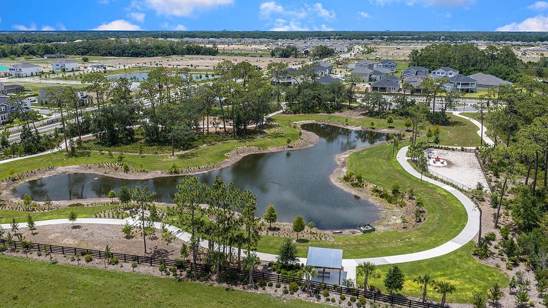 The Waters at Center Lake Ranch — Aerial of trails and nature play