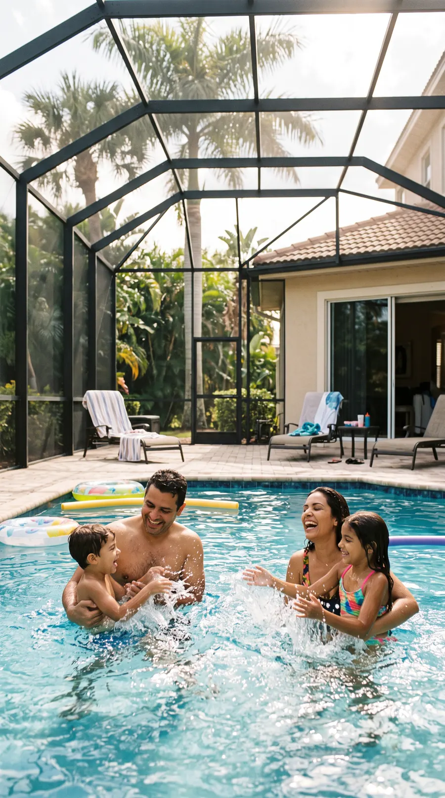 Família brasileira na piscina de uma casa de férias