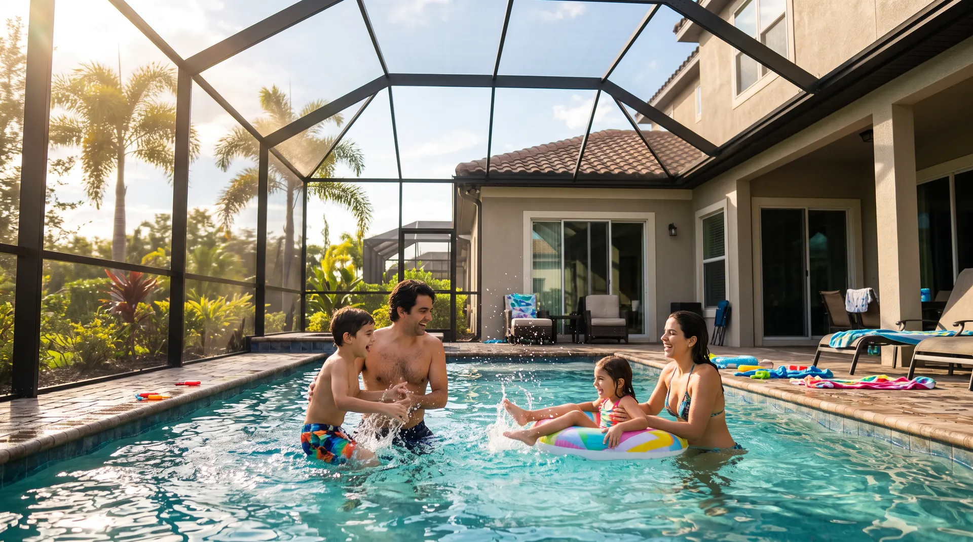 Família brasileira na piscina de uma casa de férias